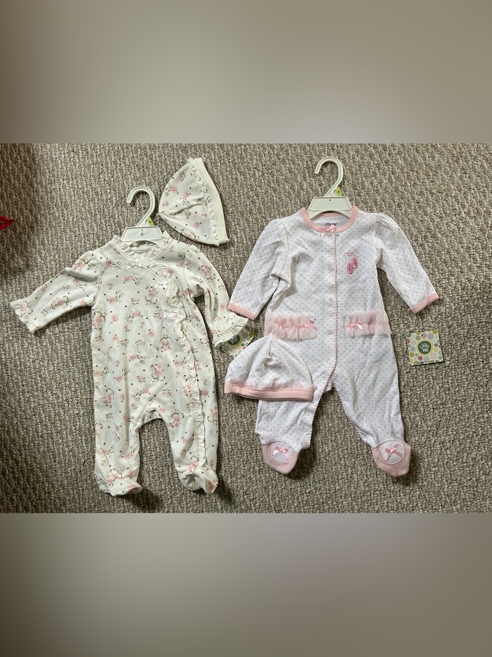 NWT Two Baby Girls Pink Floral Footie One-Piece Sleepers with Hats
